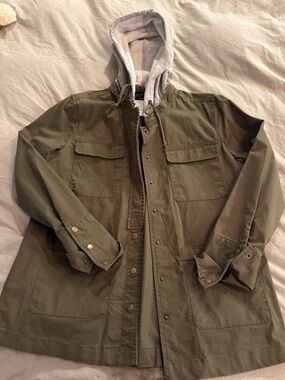 Men's Olive Green Utility Jacket with Grey Hood